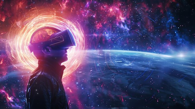 L'image est une représentation surréaliste et impressionnante d'une personne portant un casque de réalité virtuelle