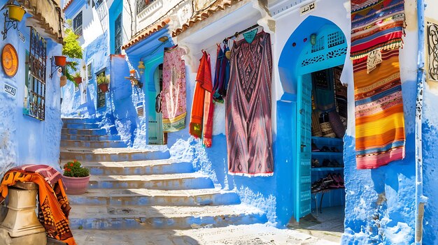 L'image est d'une rue à Chefchaouen au Maroc