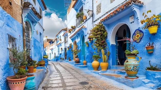 L'image est une scène de rue à Chefchaouen au Maroc