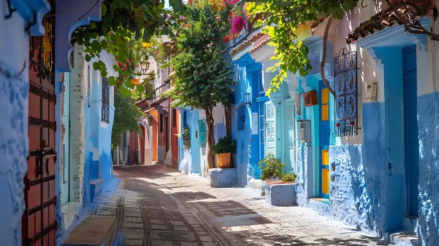 L'image est une scène de rue dans une ville marocaine La rue est étroite et pavée et bordée de maisons bleues et blanches