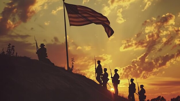 Photo l'image est la silhouette d'un groupe de soldats debout sur une colline. les soldats sont armés de fusils et portent des kepis.