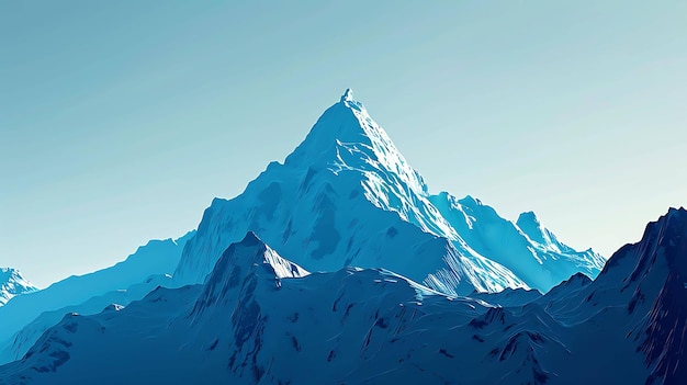 L'image est d'un sommet de montagne enneigé C'est une scène belle et sereine La montagne est au loin avec un ciel bleu clair derrière elle