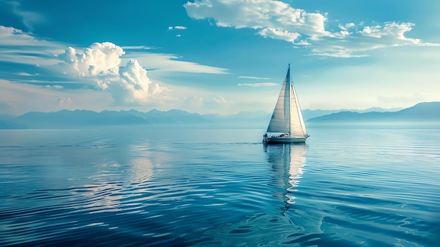 Photo l'image est d'un voilier sur une mer calme avec un beau ciel bleu et des nuages blancs en arrière-plan