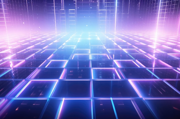 Image esthétique d'un fond abstrait avec des couleurs bleues et violettes et des formes carrées Arrière-plan futuriste avec des grilles flottantes holographiques AI généré