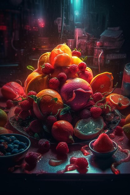 Une image d'un étalage de fruits avec un fond sombre et une lumière rouge.