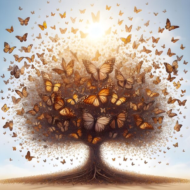 Une image étonnamment surréaliste d'un essaim de papillons prenant la forme d'un grand arbre complexe
