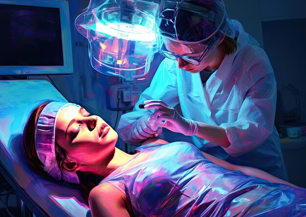 Photo image expressionniste abstraite d'un dermatologue examinant la peau d'un patient à l'aide d'une lumière uv