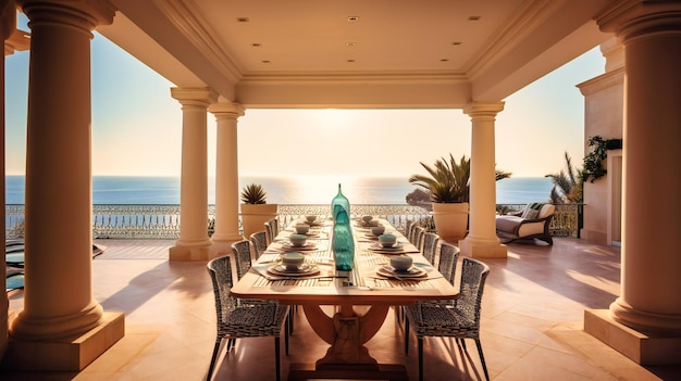 Une image exquise d'une salle à manger en terrasse sophistiquée offrant un espace accueillant et luxueux pour savourer un repas avec une vue imprenable sur l'océan