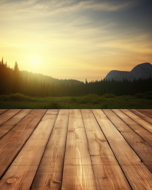 Une image exubérante d'une table en bois vide avec un arrière-plan flou AI générative