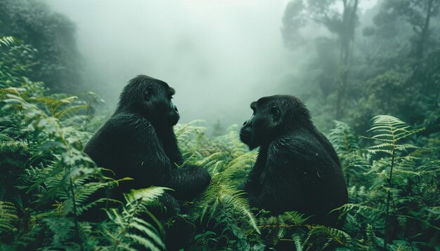 une image d'une famille de gorilles de montagne dans le brouillard