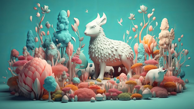 Une image fantaisiste et rêveuse d'un animal mignon entouré d'éléments inspirés de contes de fées