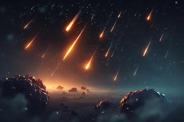 Une image fantastique d'une pluie de météorites une météorite enflammée un météore à grande vitesseIA générative