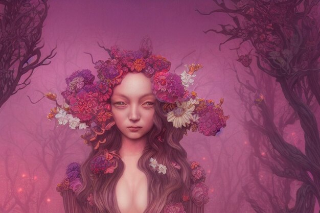 Photo image fantastique d'un portrait féminin éthéré avec une fleur