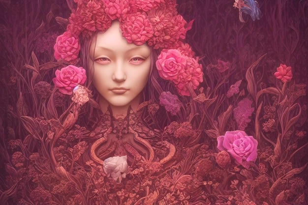 Photo image fantastique d'un portrait féminin éthéré avec une fleur