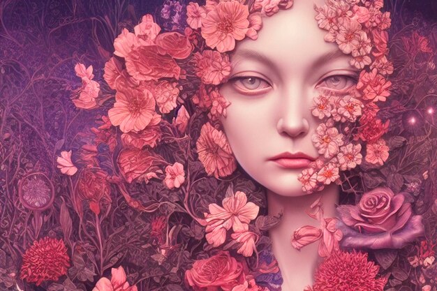 Photo image fantastique d'un portrait féminin éthéré avec une fleur