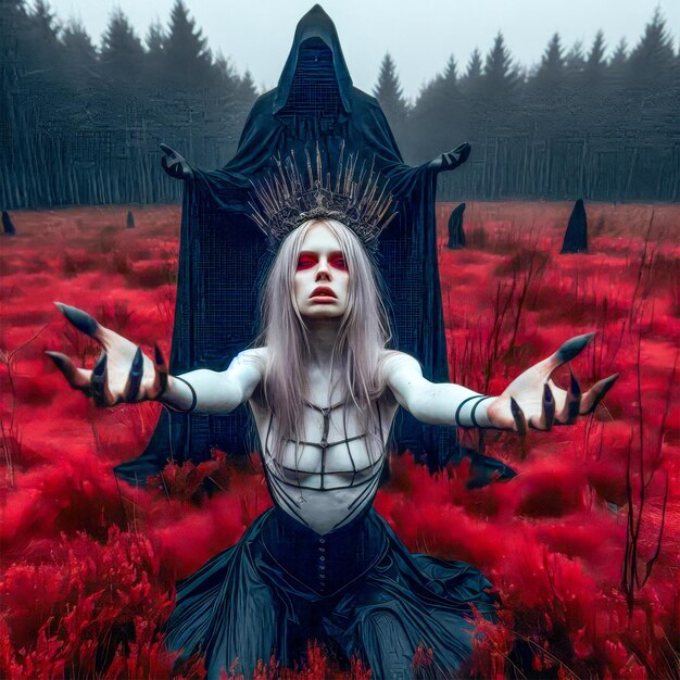 L'image fantastique d'une sorcière dans un champ de fleurs rouges