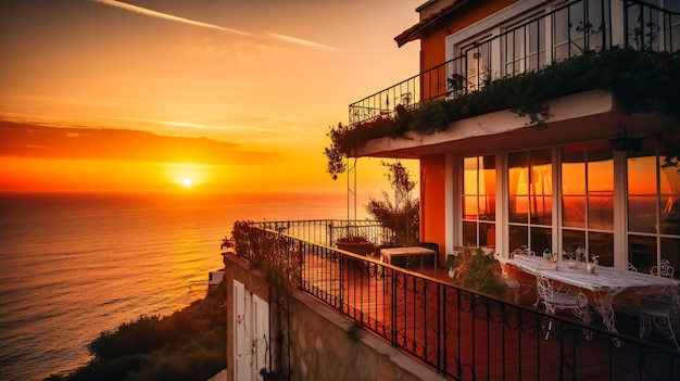 Une image fascinante d'une charmante location de villa d'été avec une terrasse spacieuse mettant en valeur un coucher de soleil spectaculaire sur l'océan