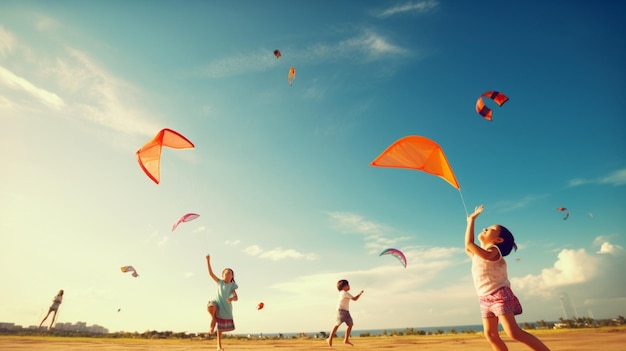 Une image fascinante d'enfants volant des cerfs-volants dans un ciel bleu clair avec des couleurs vives qui s'envolent