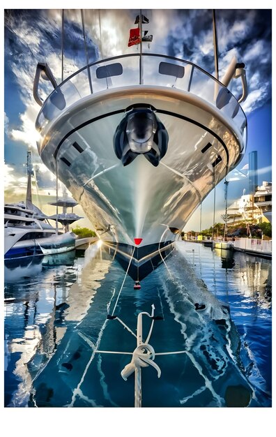 Photo image fascinante d'un yacht de luxe dans le port le soleil brillant chaleureusement sur sa coque blanche brillante