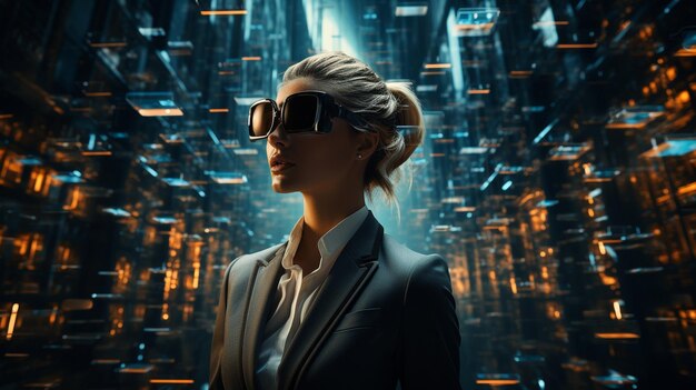 Image d'une femme d'affaires avec un casque de réalité virtuelle sur Internet et l'information numérique La technologie Blockchain le métaverse xA