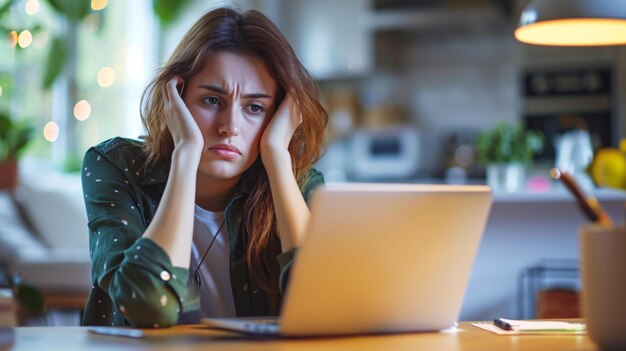 Image d'une femme d'affaires en détresse qui travaille à distance sur l'ordinateur et qui semble anxieuse, fatiguée et submergée.