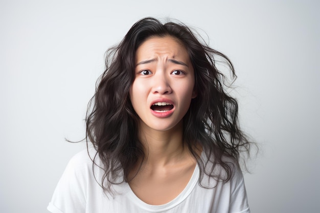 Photo image d'une femme asiatique au visage expressif, ses émotions mises en évidence sur un fond blanc