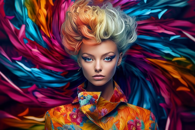 Image d'une femme aux cheveux brillants et aux plumes colorées sur sa tête AI générative