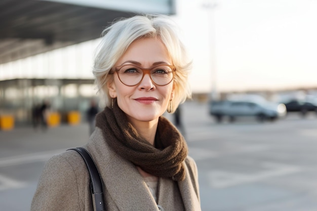 Image d'une femme blonde mature et élégante au terminal de l'aéroport