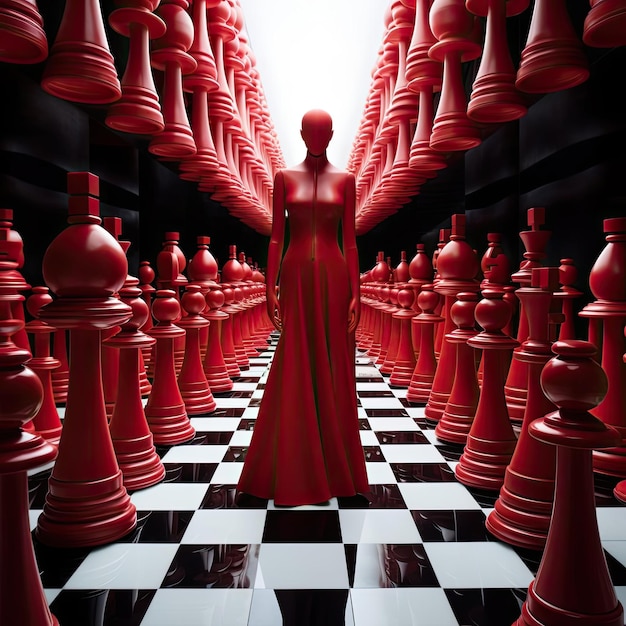Photo une image d'une femme d'échecs rouge dans le style d'atmosphères dystopiques