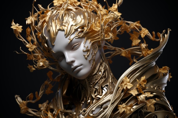 une image d'une femme avec des fleurs d'or sur la tête