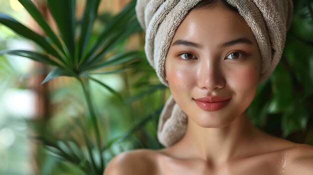 Photo image une femme japonaise attrayante appréciant une procédure de spa, de salon, de bien-être et de relaxation