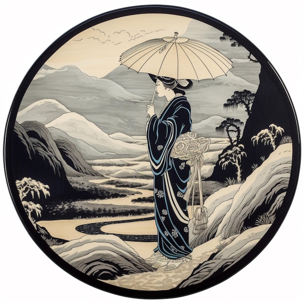 Image d'une femme en kimono bleu avec un parapluie génératif ai