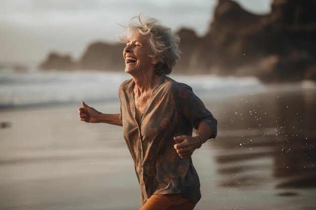 image d'une femme mûre dansante heureuse à la plage