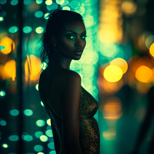 Photo image d'une femme noire aux yeux verts avec des lumières de la ville floues en arrière-plan.