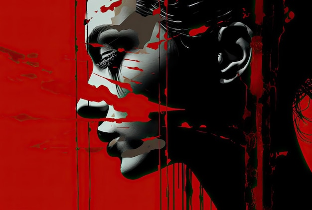 une image de femme en peinture rouge dans le style de portraits simplifiés et stylisés drame sombre