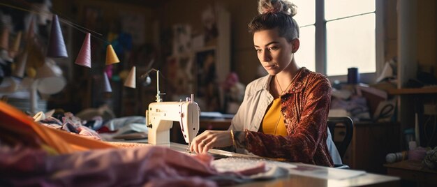 image d'une femme trans caucasienne non binaire avec du tissu travaillant dans un atelier de couture