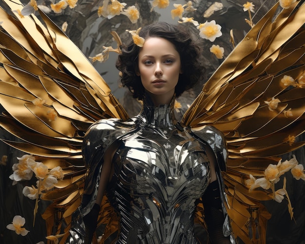 une image d'une femme vêtue d'or avec des ailes
