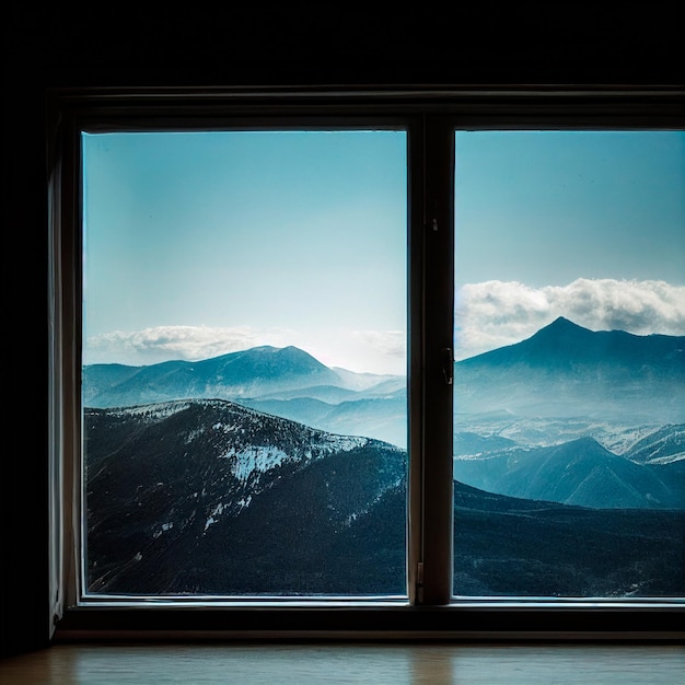 Image d'une fenêtre ouverte avec vue sur la montagne