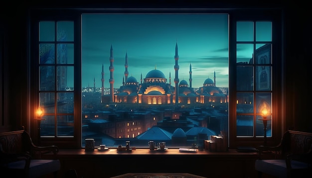 Image d'une fenêtre avec vue sur les toits de la ville avec une mosquée éclairée au loin pour célébrer l'Aïd alFitr Generative ai