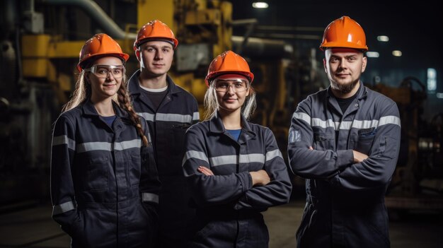 Image de la fête du Travail Un jeune groupe de travailleurs industriels divers face à la caméra en uniforme