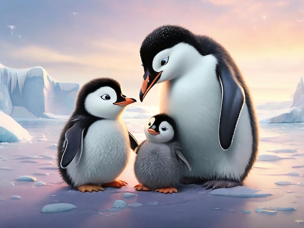Image de la fête des mères Famille de pingouins polaires avec le soleil AI générative