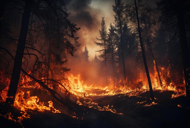 une image d'un feu de forêt avec des flammes dans le style de l'éclairage naturaliste