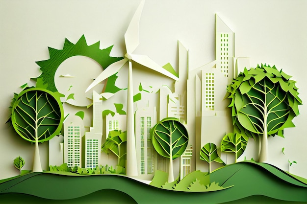 Image de feuille verte dans le style art papier avec ai générative d'arbres