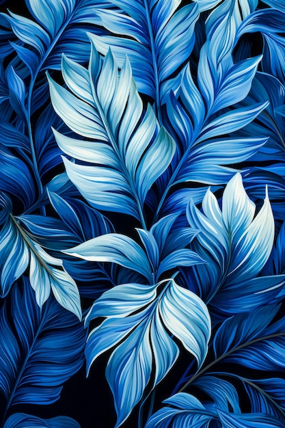 Image de feuilles bleues sur fond noir avec contours blancs IA générative