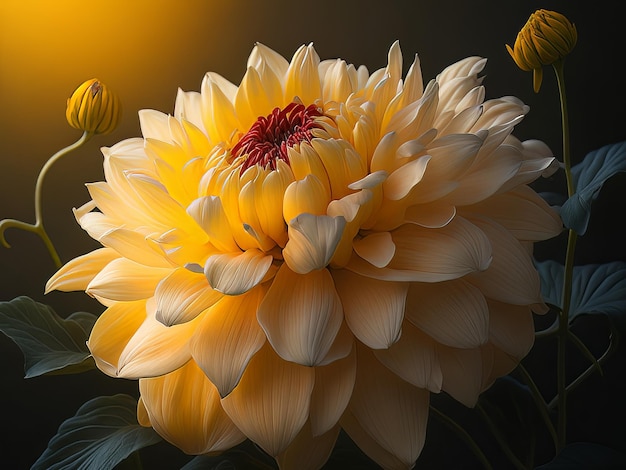 Une image d'une fleur de dahlia vibrante en pleine floraison avec la lumière du soleil s'écoulant dans ses pétales