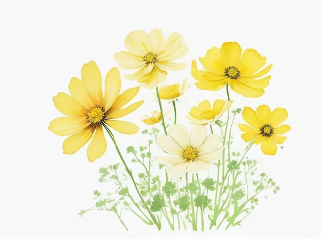 Image de fleurs de cosmos jaune mélangée à un fond aquarelle peint