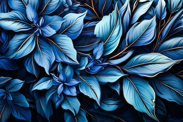 Image de fleurs et de feuilles bleues sur fond noir IA générative