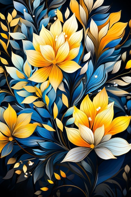 Image de fleurs jaunes et bleues sur fond noir IA générative