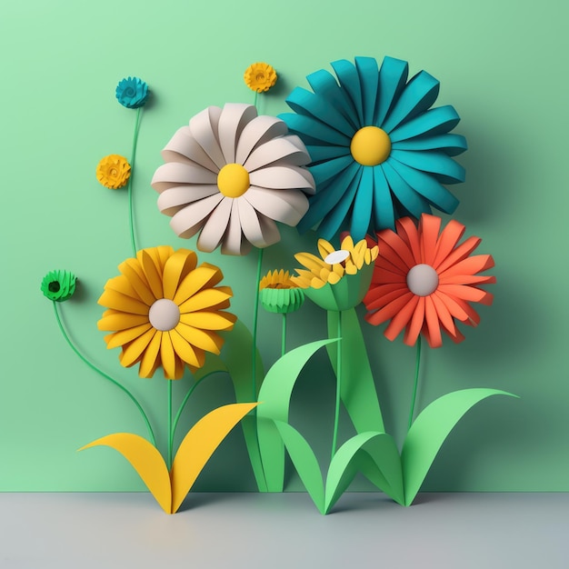 Image de fleurs en papier origami colorées sur fond vert créées à l'aide de la technologie générative ai
