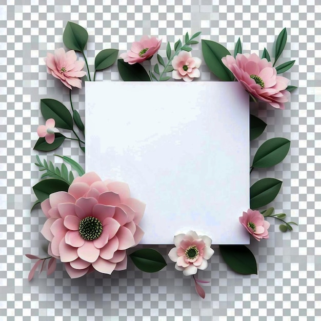 Image de fleurs roses et de feuilles vertes sur un cadre blanc avec un fond transparent